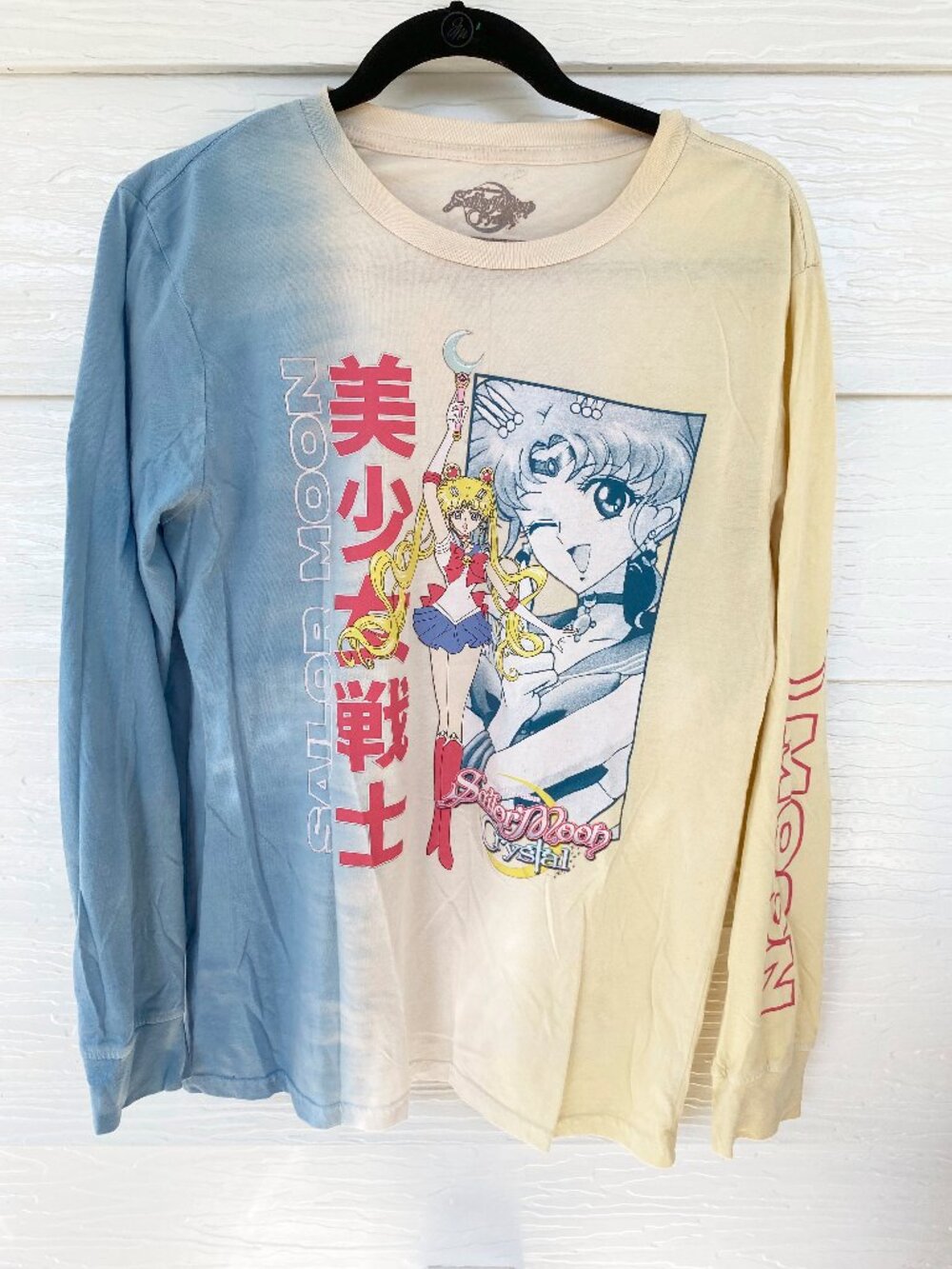 Sailor Moon long sleeved tie-dyed blue, white, and yellow tshirt, size M